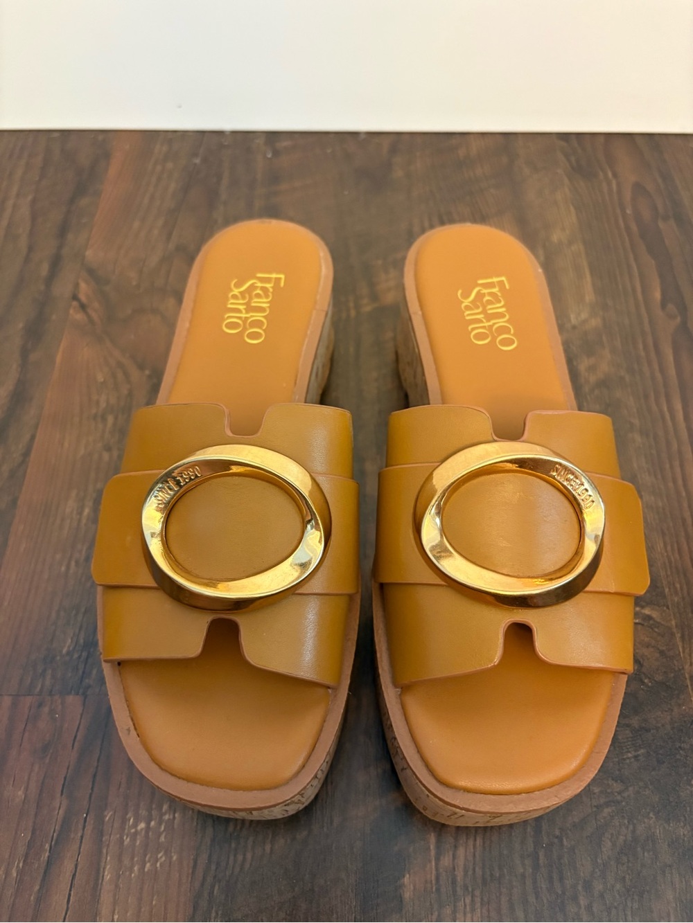 Franco Sarto Tan Leather Slide Mules with Gold Buckle